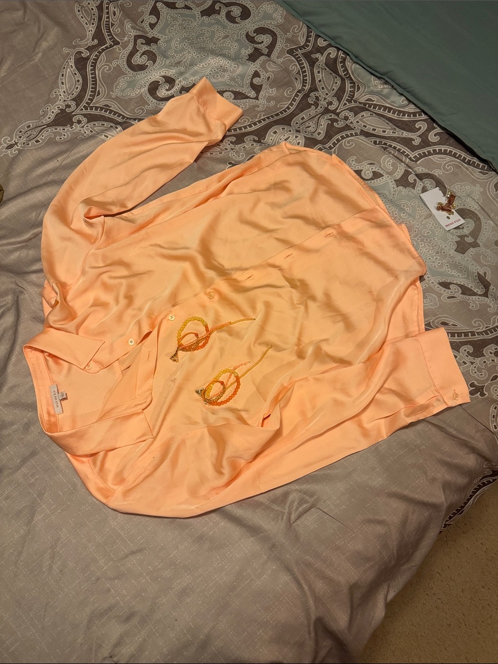 Skies Are Blue Peach Embroidered Button-Down Shirt
